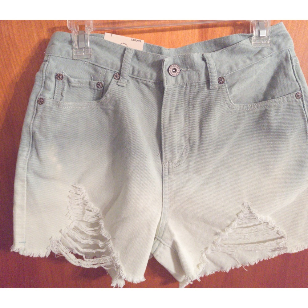 Umgee Denim Shorts Size 3 Ripped Distressed Ombre green White Raw Hem Festival